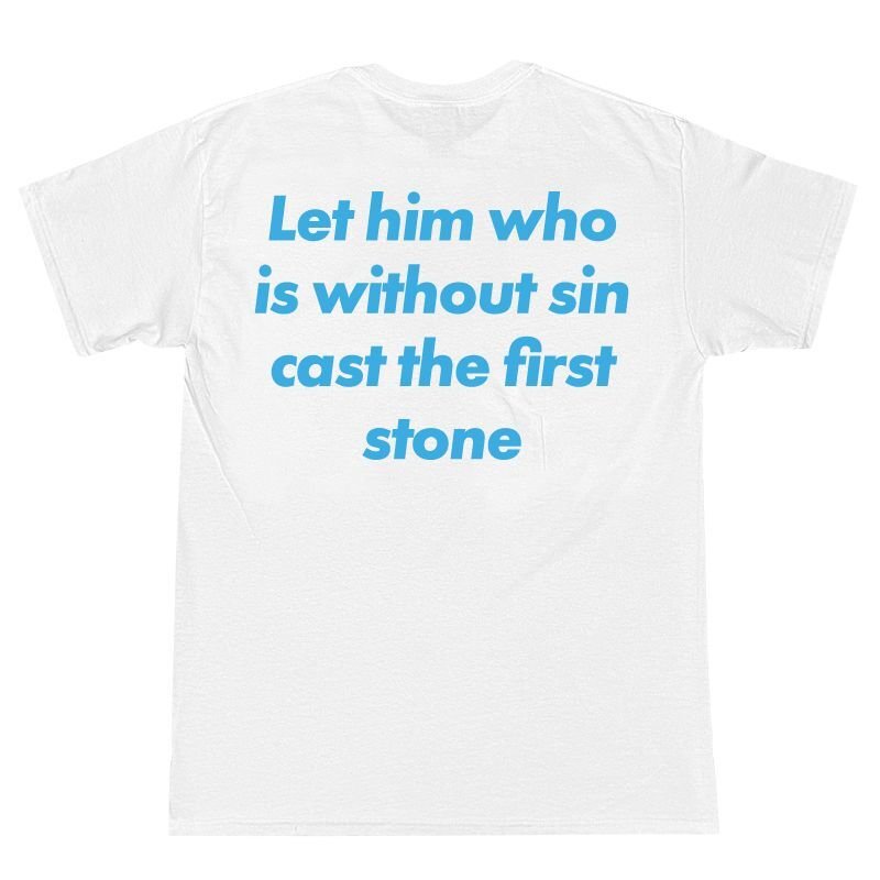 画像1: CRIME LET HIM WHO IS WITHOUT SIN CAST THE FIRST STONE Tシャツ (WHITE) (1)
